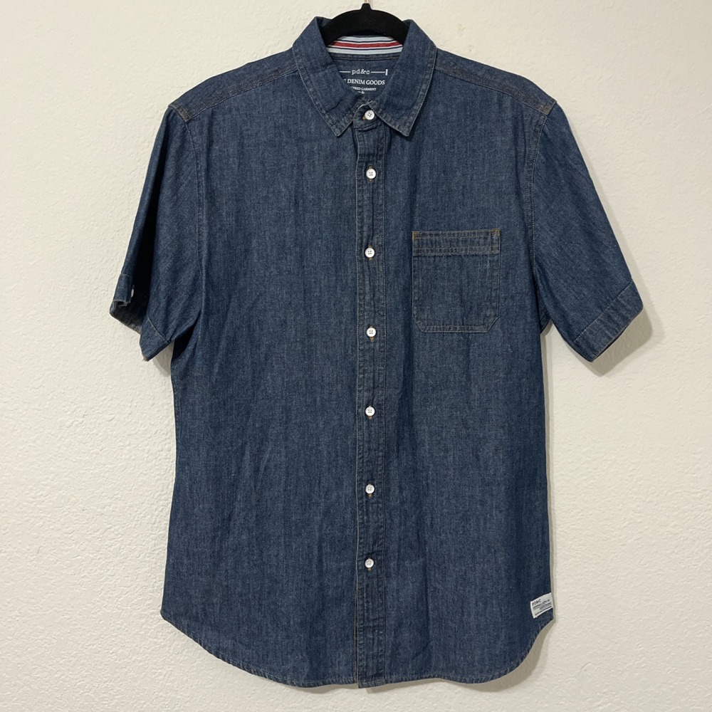 PD&C Men's/women's Short Sleeve, Indigo Blue Button Down‎ Denim Shirt